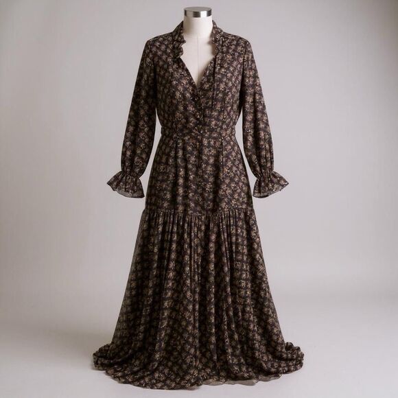 Bardot Midi Dress S Floral V Neck Long Sleeve Ruched Pleated Romantic Retro - Picture 1 of 10